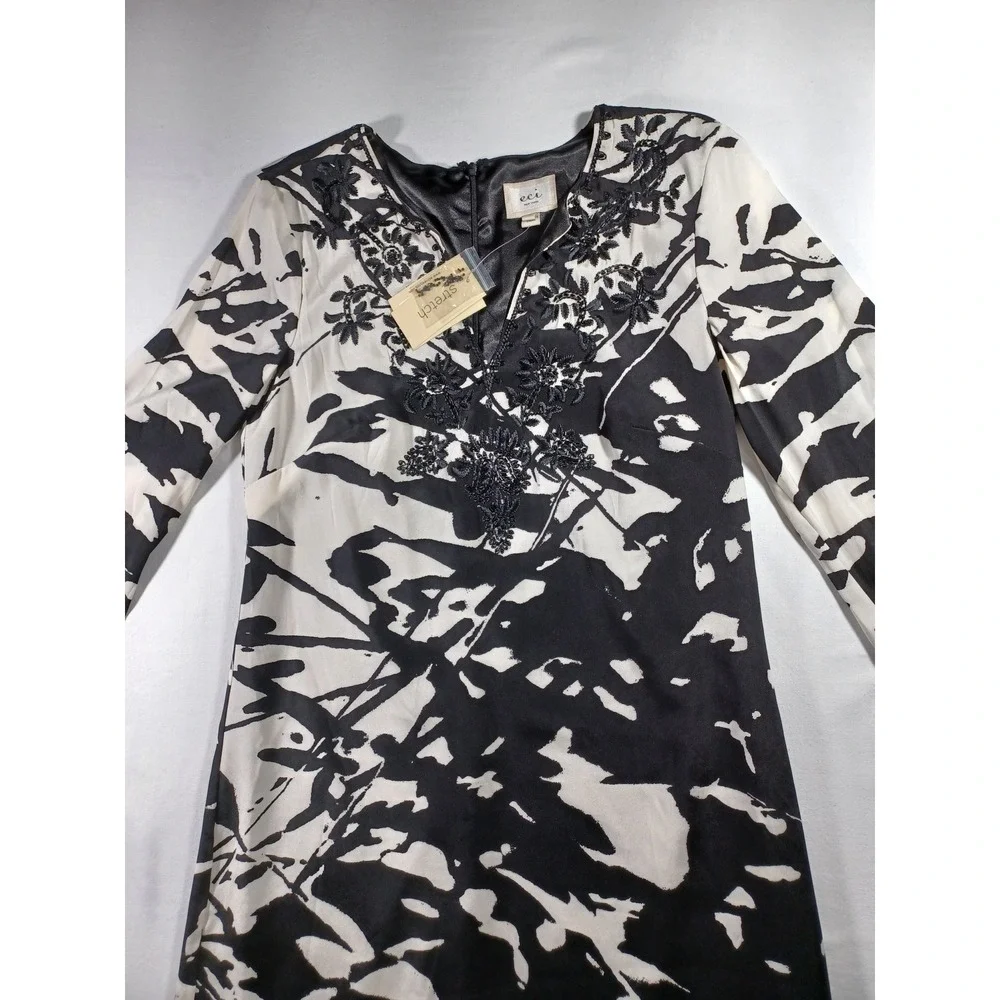ECI New York Black White Abstract Print Beaded Neckline Long Sleeve Dress Size 4